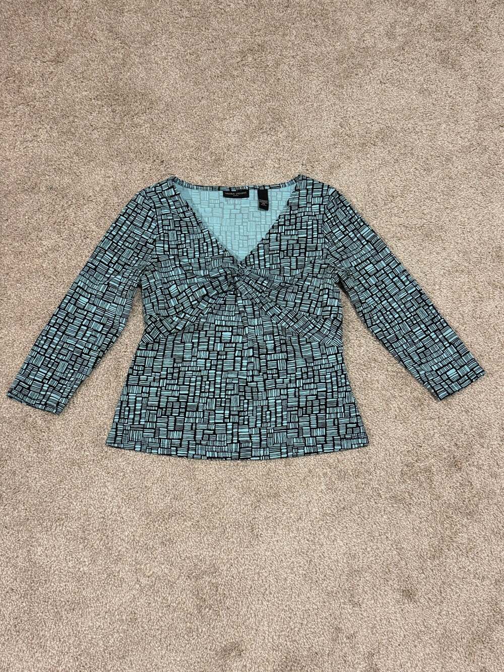 Valerie Stevens Petite Blue Black Geometric Print Top PM Made in USA